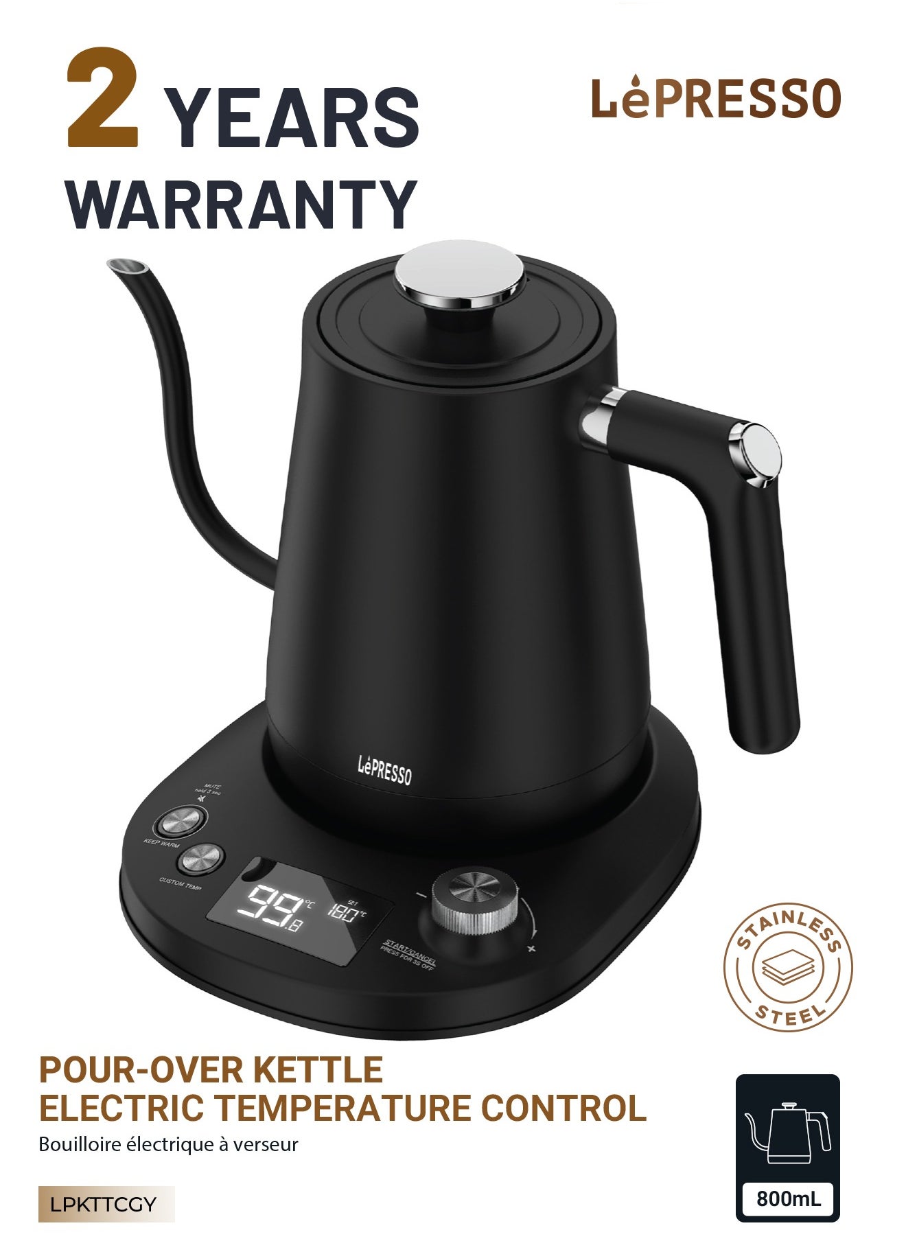 Pour-Over Electric Temperature Controlled Kettle 800mL - Black 