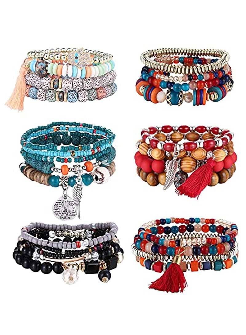 SOLARAE Bohemian Stackable Bead Bracelets, 6 Sets Stretch Beaded Bracelets Multi-Color Boho Jewelry for Women Multilayer Bracelet Boho - Image 1
