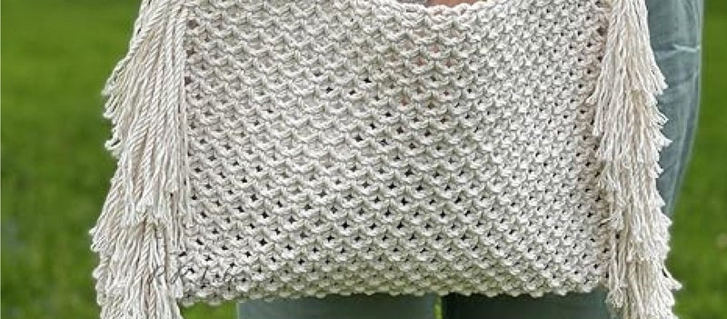 HMK CRAFTS Classic Macrame Handheld Clutch Bag with Integrated Handle and Voluminous Side Fringe Detail. - Image 1
