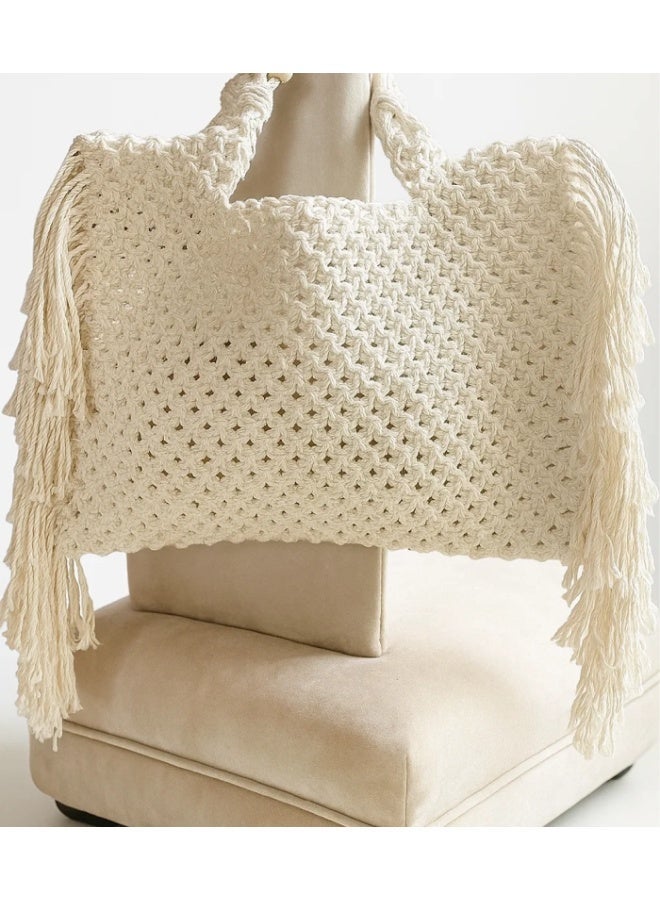 HMK CRAFTS Classic Macrame Handheld Clutch Bag with Integrated Handle and Voluminous Side Fringe Detail. - Image 2
