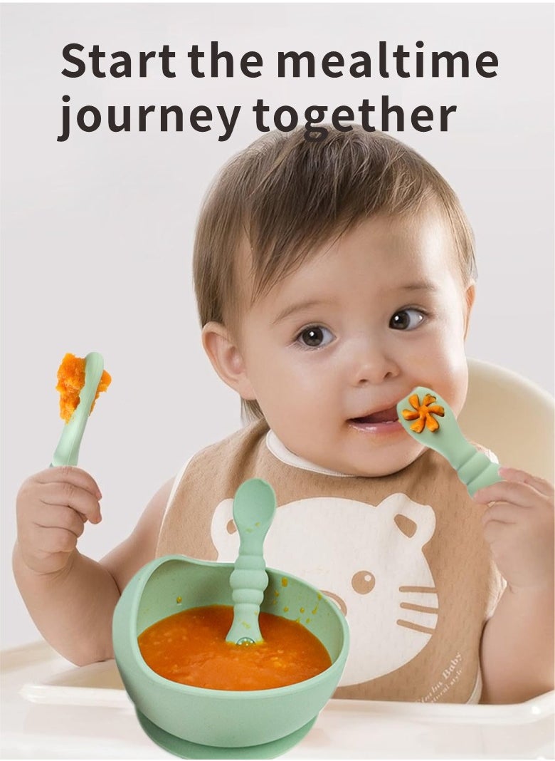 HieerBus - Baby Spoons Set, Pre-Spoon for Kids Aged 6+ Months - First Stage, Baby Led Weaning Teething Spoon - Self Feeding, Silicone Toddler Food Utensils - 3 Spoons, green - Image 1