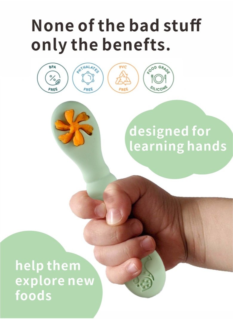 HieerBus - Baby Spoons Set, Pre-Spoon for Kids Aged 6+ Months - First Stage, Baby Led Weaning Teething Spoon - Self Feeding, Silicone Toddler Food Utensils - 3 Spoons, green - Image 1