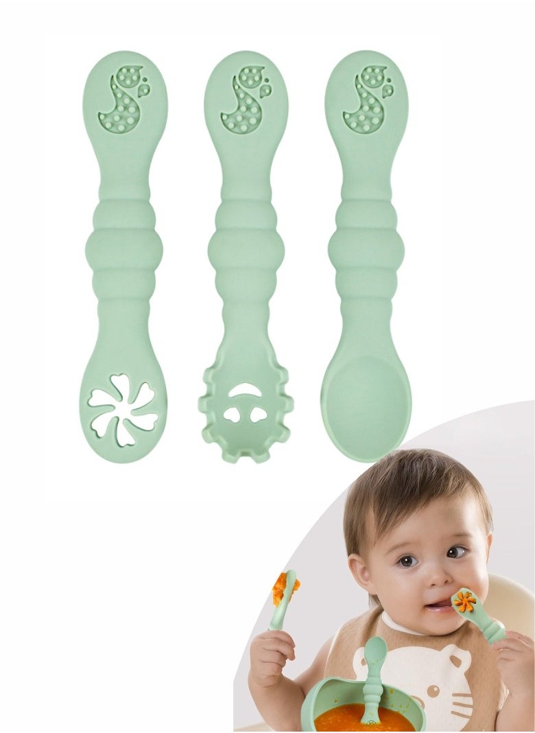 HieerBus Baby Spoons Set, Pre-Spoon for Kids Aged 6+ Months - First Stage, Baby Led Weaning Teething Spoon - Self Feeding, Silicone Toddler Food Utensils - 3 Spoons, green 