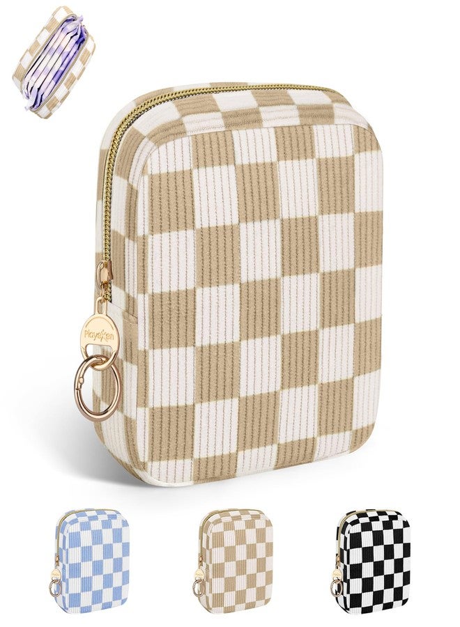 Playexen Checkered Period Bag for Teen Girls, Corduroy Sanitary Napkin Storage Bag with Ring Buckle, Cute Menstrual Pad Pouch Tampon Holder for Purse (Checkered-Khaki - Image 1