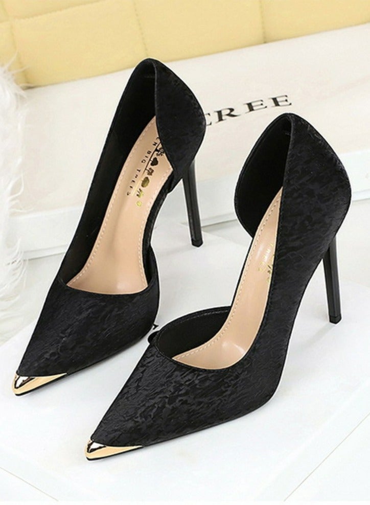 BIGTREE Women's Metal Closed Pointed Toe Party Stiletto Pumps Satin Daily High Heels 10.5CM Black - Image 1