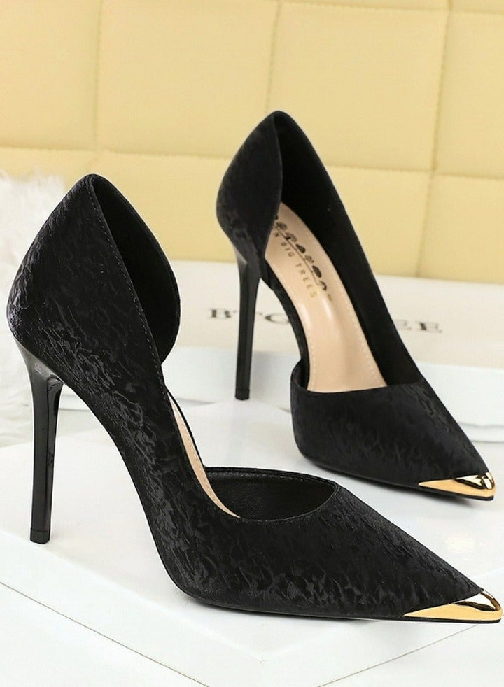 BIGTREE Women's Metal Closed Pointed Toe Party Stiletto Pumps Satin Daily High Heels 10.5CM Black - Image 2