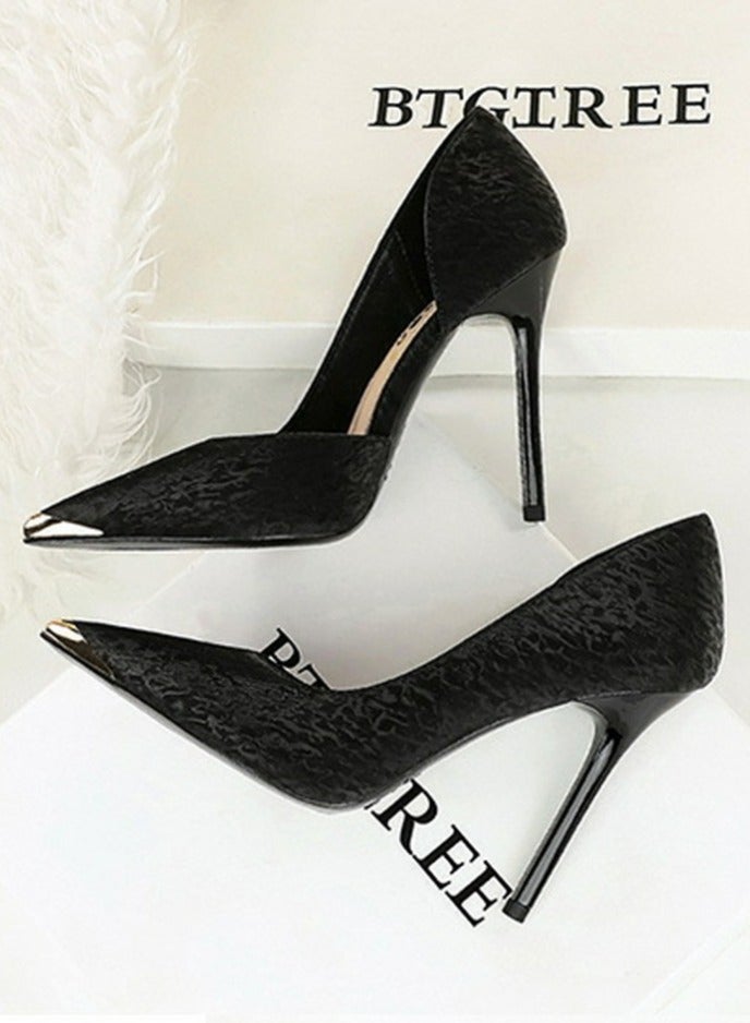 BIGTREE Women's Metal Closed Pointed Toe Party Stiletto Pumps Satin Daily High Heels 10.5CM Black - Image 3