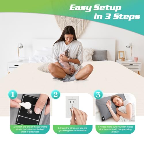 GRUENERDE Grounding Pillowcase Queen Conductive 10% Silver Fiber Grounding Pillow for Bed with 15ft Cord Organic Cotton Improve Sleep Gray 20x30in - Image 3