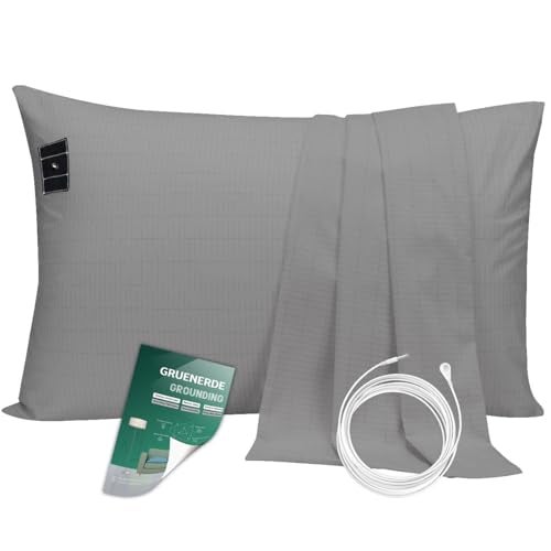 GRUENERDE Grounding Pillowcase Queen Conductive 10% Silver Fiber Grounding Pillow for Bed with 15ft Cord Organic Cotton Improve Sleep Gray 20x30in - Image 1