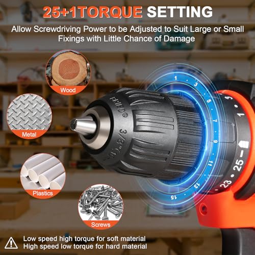 BIHOO 20v Drill Driver Set,Cordless Drill with Battery and Charger,LED Tools Kit,25+1 Torque Setting,43pcs Drill Bits,Orange - Image 4