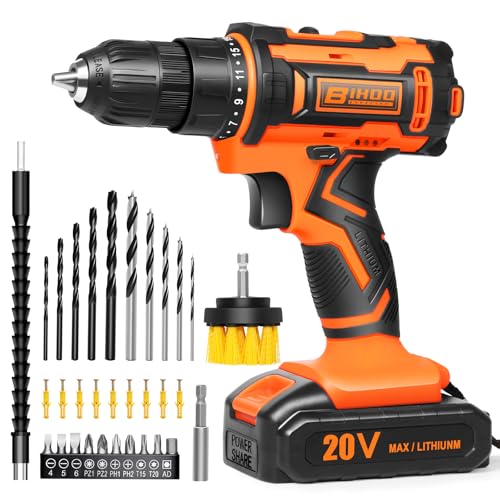 BIHOO 20v Drill Driver Set,Cordless Drill with Battery and Charger,LED Tools Kit,25+1 Torque Setting,43pcs Drill Bits,Orange - Image 1