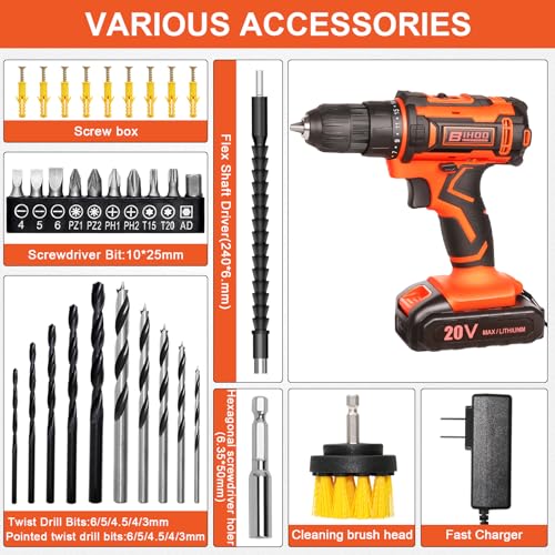 BIHOO 20v Drill Driver Set,Cordless Drill with Battery and Charger,LED Tools Kit,25+1 Torque Setting,43pcs Drill Bits,Orange - Image 2