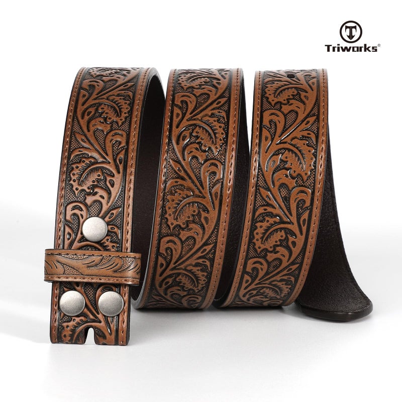 TRIWORKS Western Belt Strap for Men without Buckle 1.5" Wide Floral Engraved Embossed Leather Belt Strap - Image 2