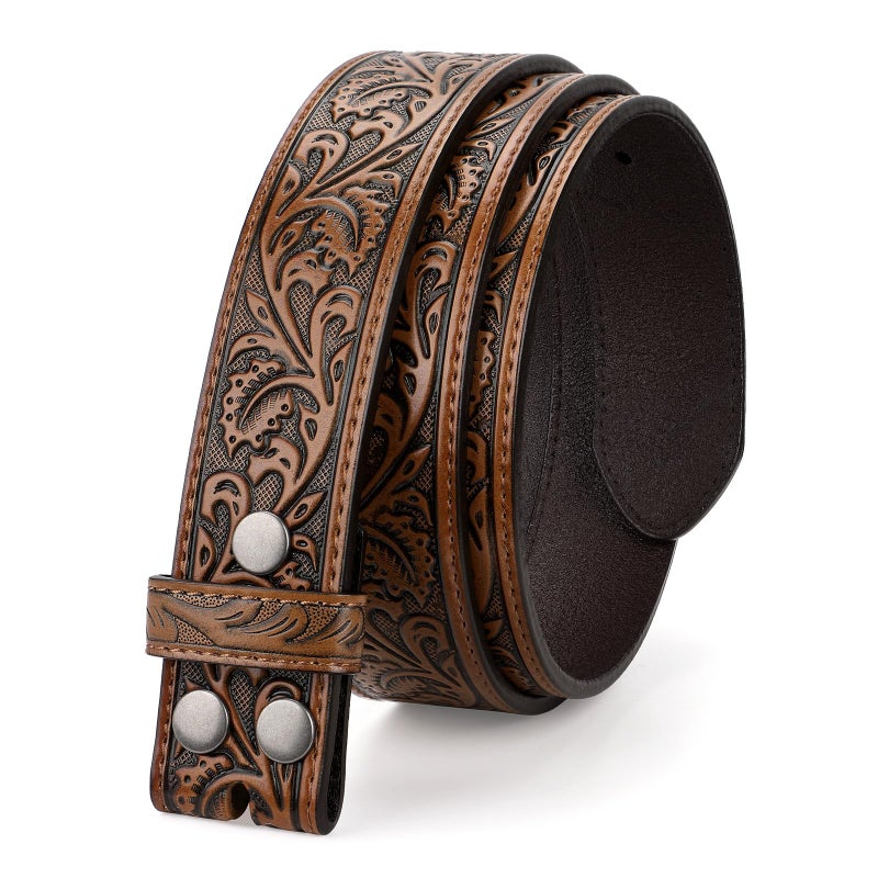 TRIWORKS Western Belt Strap for Men without Buckle 1.5" Wide Floral Engraved Embossed Leather Belt Strap - Image 1