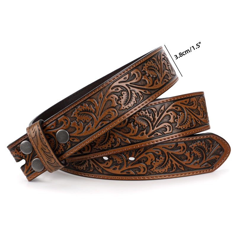TRIWORKS Western Belt Strap for Men without Buckle 1.5" Wide Floral Engraved Embossed Leather Belt Strap - Image 4