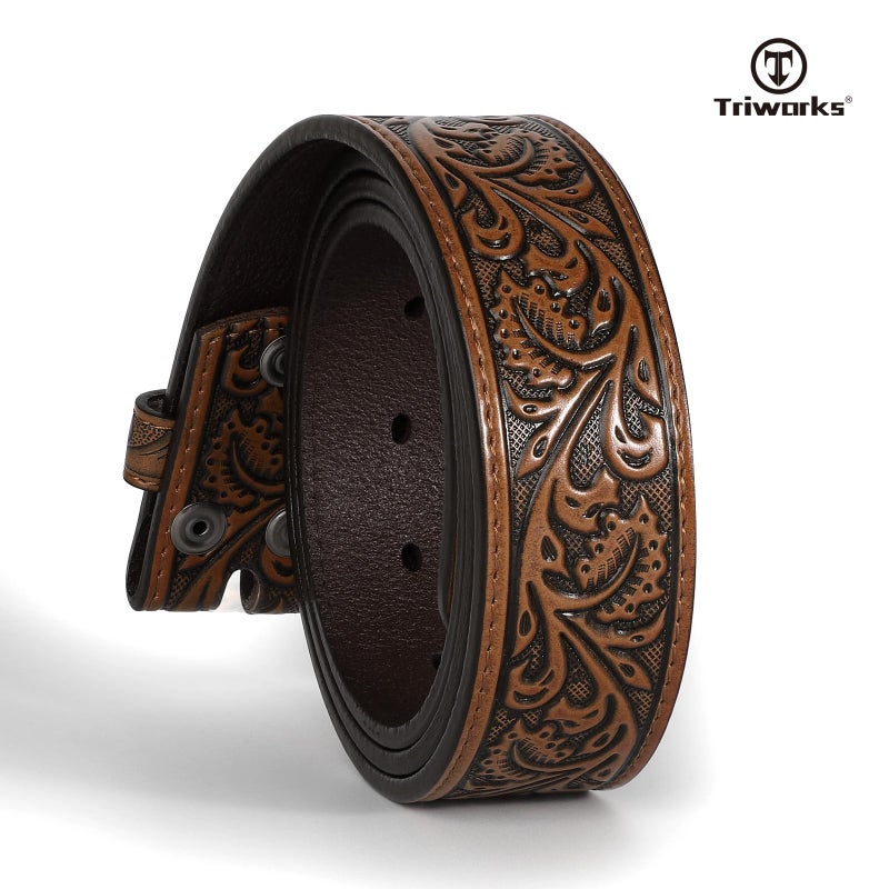 TRIWORKS Western Belt Strap for Men without Buckle 1.5" Wide Floral Engraved Embossed Leather Belt Strap - Image 5