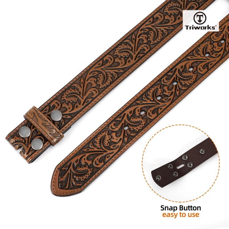 TRIWORKS Western Belt Strap for Men without Buckle 1.5" Wide Floral Engraved Embossed Leather Belt Strap - Image 3