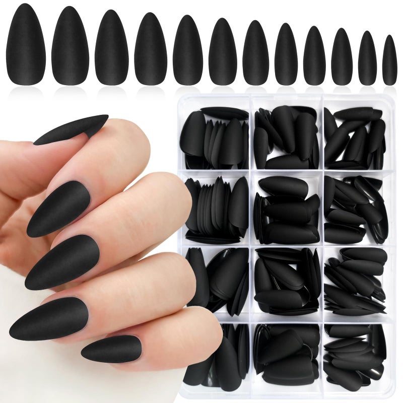 Lifextol 240PC Almond Press on Nails Medium Length Fake Nails Black Matte Almond Nails Press on Nail Short Stiletto False Nail Tips Colored Artificial Fingernail & Nail Adhesive Tabs for Women - Image 1