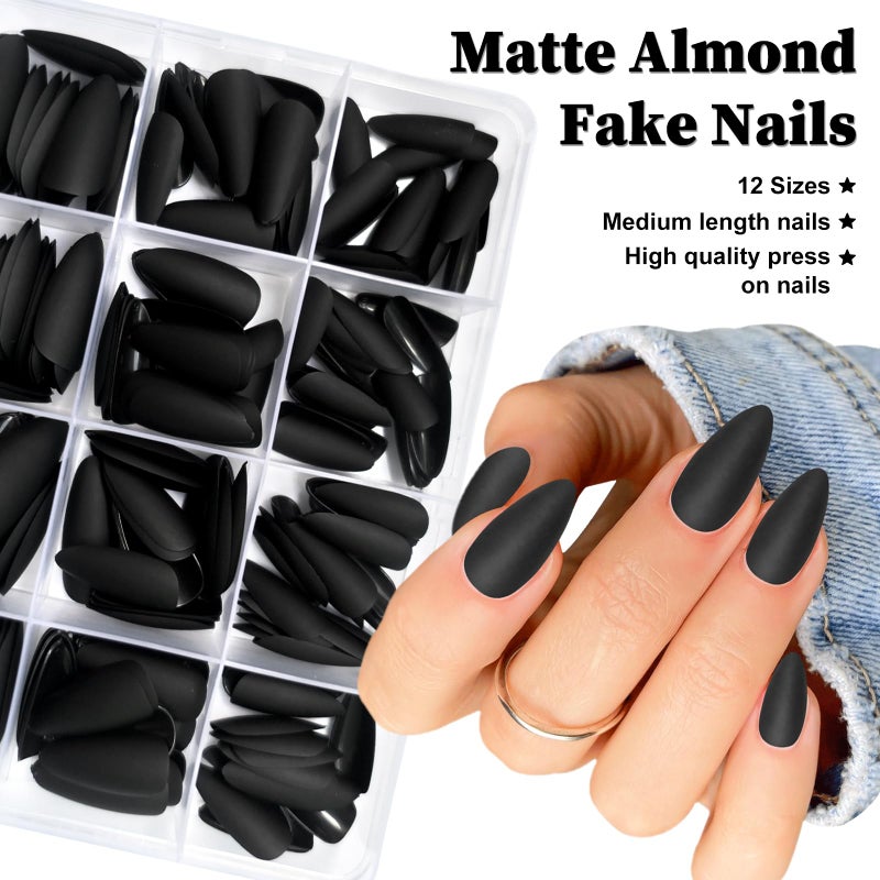 Lifextol 240PC Almond Press on Nails Medium Length Fake Nails Black Matte Almond Nails Press on Nail Short Stiletto False Nail Tips Colored Artificial Fingernail & Nail Adhesive Tabs for Women - Image 4