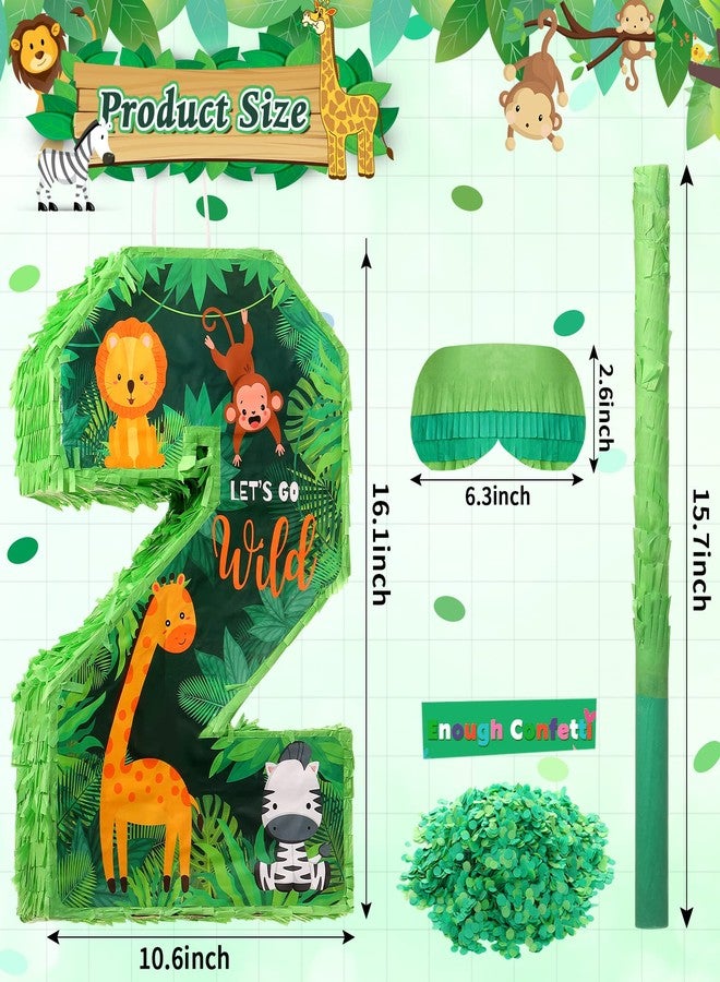 Jexine 3 Pcs 16 Inch Animal Number 2 Piñata Jungle Animals Number Two Piñata with Blindfold Bat and Confetti for Boy Zoo Themed 2nd Birthday Celebration Party Supplies - Image 2
