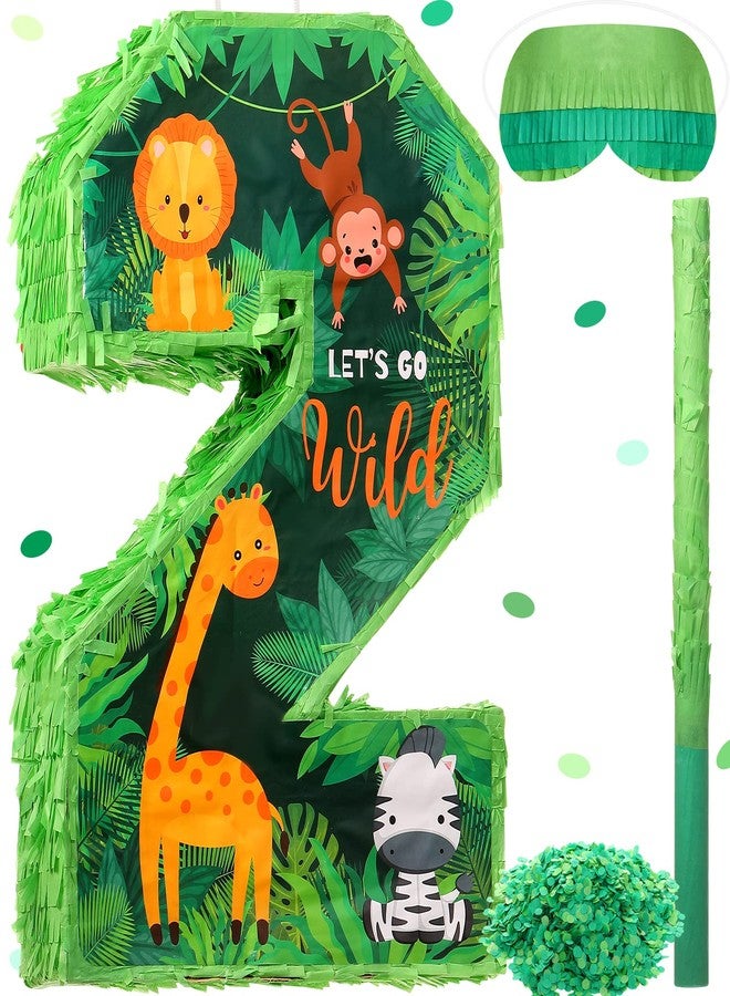 Jexine 3 Pcs 16 Inch Animal Number 2 Piñata Jungle Animals Number Two Piñata with Blindfold Bat and Confetti for Boy Zoo Themed 2nd Birthday Celebration Party Supplies - Image 1