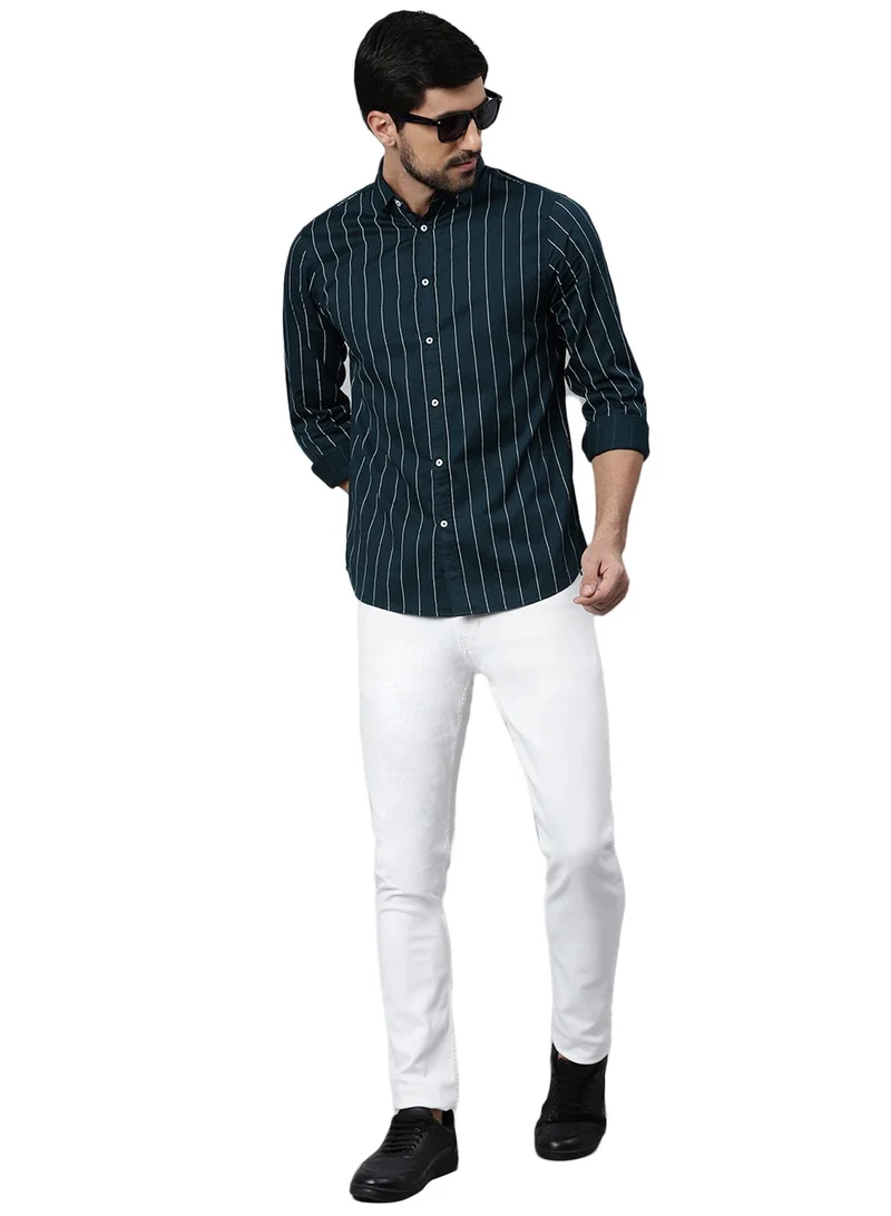 Dennis Lingo Slim Fit Green Men's Solid Shirt, Spread Collar, Full Sleeves, 100% Cotton,