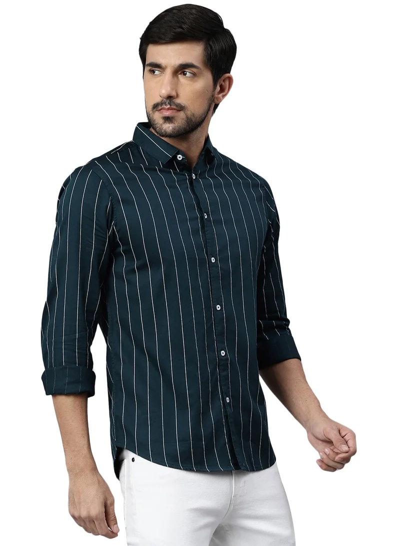 Dennis Lingo Slim Fit Green Men's Solid Shirt, Spread Collar, Full Sleeves, 100% Cotton,