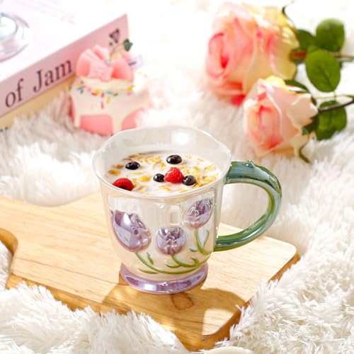 VABILNIY Coffee Mug Espresso Cup 14oz Ceramic Coffee Mugs Porcelain Coffee Cup Hand-Painted flowers Art Multiple Use for Kitchen, Dining-Purple - Image 4