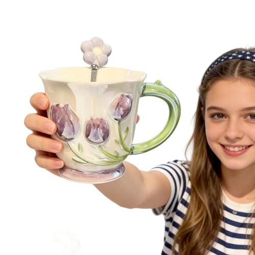 VABILNIY Coffee Mug Espresso Cup 14oz Ceramic Coffee Mugs Porcelain Coffee Cup Hand-Painted flowers Art Multiple Use for Kitchen, Dining-Purple - Image 3