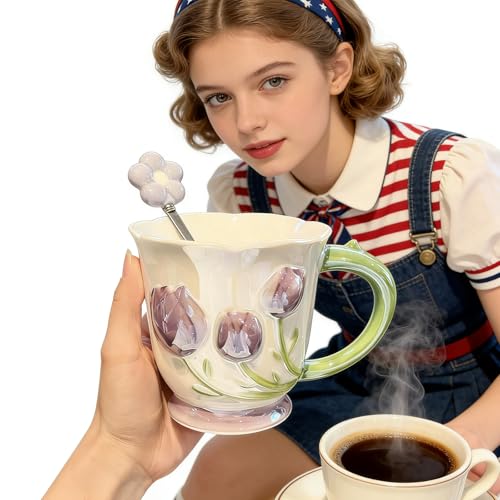 VABILNIY Coffee Mug Espresso Cup 14oz Ceramic Coffee Mugs Porcelain Coffee Cup Hand-Painted flowers Art Multiple Use for Kitchen, Dining-Purple - Image 5