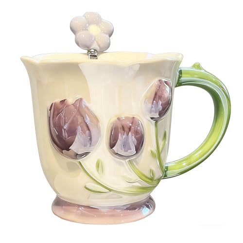 VABILNIY Coffee Mug Espresso Cup 14oz Ceramic Coffee Mugs Porcelain Coffee Cup Hand-Painted flowers Art Multiple Use for Kitchen, Dining-Purple - Image 1