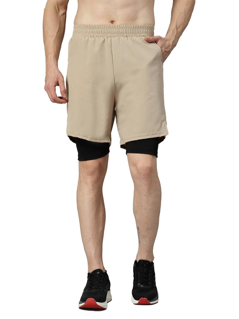 CHKOKKO Double Layered Gym Shorts for Men Workout | Compression Inner Layer with Pockets Across Inner Outer and Back | Dry Fit Sports Athletic wear for Running Jogging or Training BEIGEBLACK 3XL - Image 1