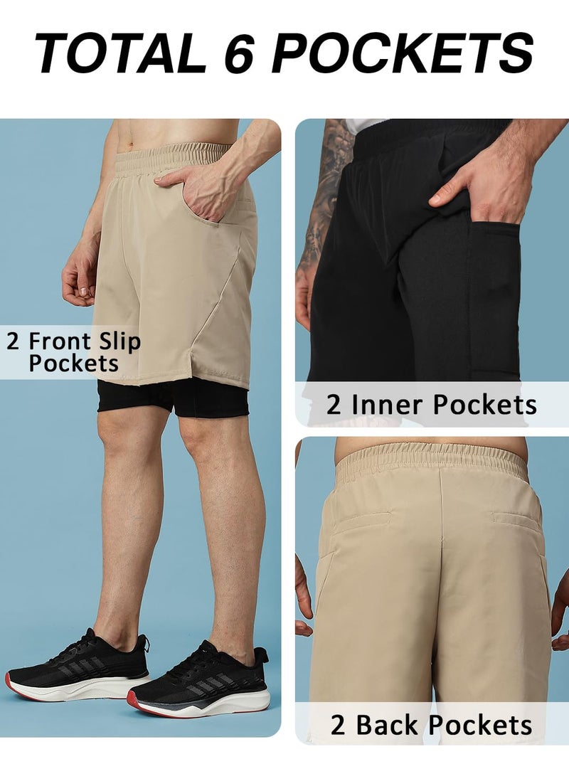 CHKOKKO Double Layered Gym Shorts for Men Workout | Compression Inner Layer with Pockets Across Inner Outer and Back | Dry Fit Sports Athletic wear for Running Jogging or Training BEIGEBLACK 3XL - Image 3