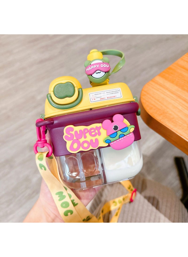 Y&D Straw Cup Double Drink Cartoon Children's Plastic Cup Outdoor Portable Water Bottle