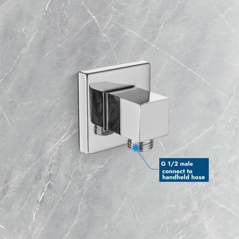 Cinwiny Square Wall Mounted Supply Elbow Polish Chrome Solid Brass NPT1/2" Water Union Outlet for Hand Held Sprayer with G1/2â€Shower Hose Connector and Flange - Image 2