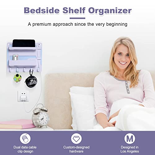 JUMEIHUI Bedside Shelf Wall Mount, Adhesive Bedside Shelf Accessories Organizer with Hooks and Cable Clips,Dorm Bedside Wall Storage for Phone, Remote, Earphone, Kindle,Plastic(White) - Image 4