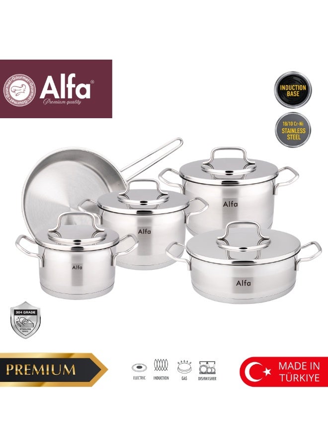 ALFA 9PCS Stainless Steel Cookware Set 18/10 Cr-Ni | Induction Base Pots & Pans Set | Premium Kitchen Set Made in Turkey - Image 1