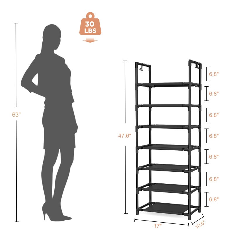 LANTEFUL 7 Tiers Shoe Rack 18-20 Pairs Boots Organizer Storage Sturdy Narrow Shoe Shelf for Entryway, Closets with Hooks, Black - Image 3