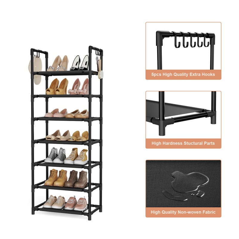 LANTEFUL 7 Tiers Shoe Rack 18-20 Pairs Boots Organizer Storage Sturdy Narrow Shoe Shelf for Entryway, Closets with Hooks, Black - Image 4
