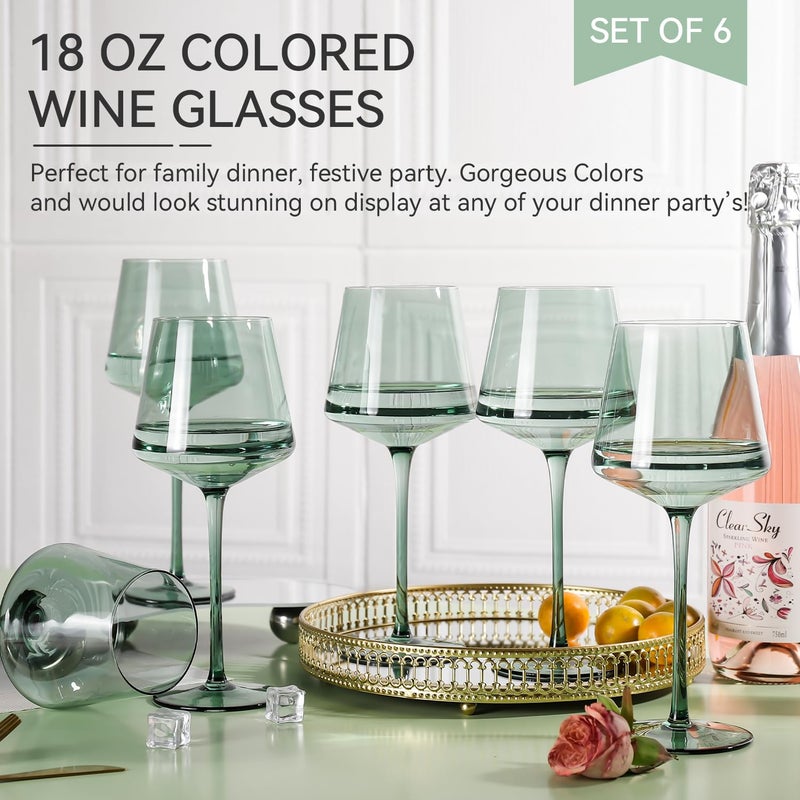 Cyrelwing Green Wine Glasses Set of 6,18oz green Wine Glassware Gift Set for Wife & Mom-Colorful Hand Blown Glass Drinkware for Red White Wine - Image 5