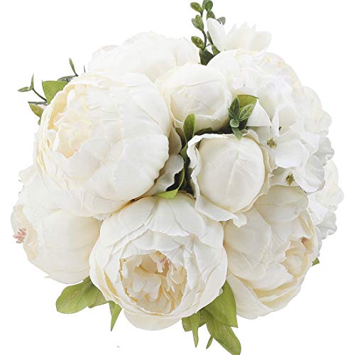 Flojery Silk Peony Bouquet Vintage Artificial Peonies Flower for Home Wedding Party Decor (1pcs, White) - Image 1