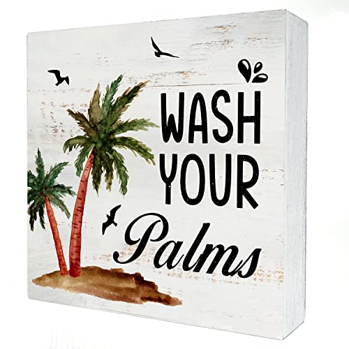 HDKY Wash Your Palms Wood Box Sign Home Decor Rustic Bathroom Quote Wooden Box Sign Block Plaque for Wall Tabletop Desk Home Bathroom Decoration 5" x 5" - Image 1