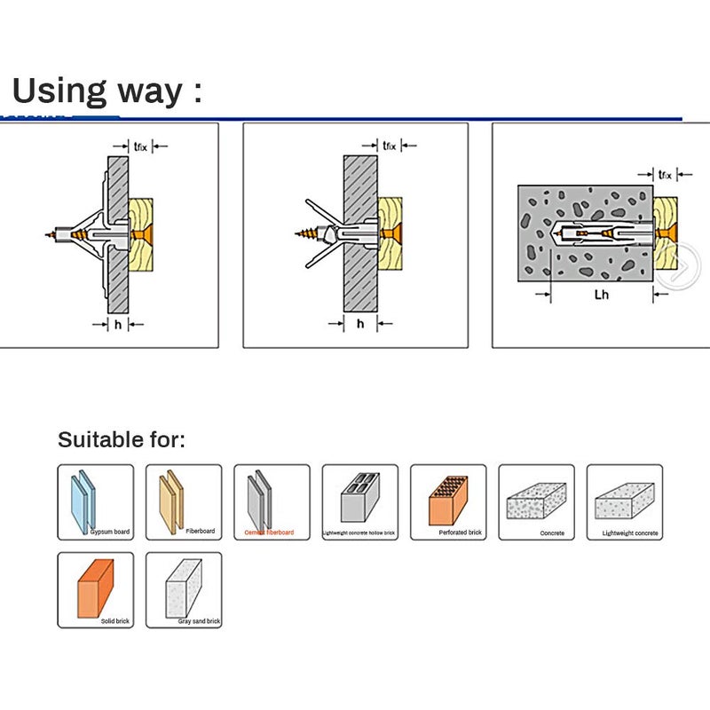 BICMTE Drywall Anchor kit - Hollow Wall Anchors with Screws ，self-Drilling Hollow Wall Anchor, for Drywall，Nylon - Plastic - Buildex，all-60 pcs (Anchor 30+Screw 30) - Image 4