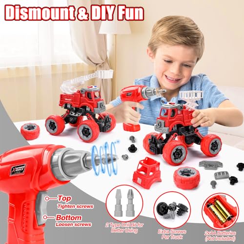 LUDILO 4PCS Fire Truck Toys for 3 4 5 Year Old Boy Birthday Gifts DIY Assembly Take Apart Firetruck with Electric Drill Stem Building Toys Xmas Bday Gifts 3 4 5 6 Year Old Boys Girls Kids Toddler Toys - Image 2