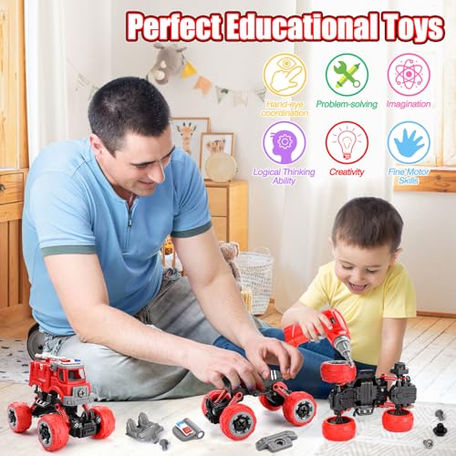 LUDILO 4PCS Fire Truck Toys for 3 4 5 Year Old Boy Birthday Gifts DIY Assembly Take Apart Firetruck with Electric Drill Stem Building Toys Xmas Bday Gifts 3 4 5 6 Year Old Boys Girls Kids Toddler Toys - Image 5