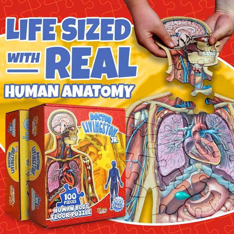 Genius Games Human Anatomy Kids Floor Puzzle - Dr Livingston Jr's 100-Piece Full Body Jigsaw Puzzle - 4 FT Medically Accurate Floor Puzzles for Kids Ages 6-8, 4-8, 8-10 - Educational Toys for Children, Toddlers - Image 2