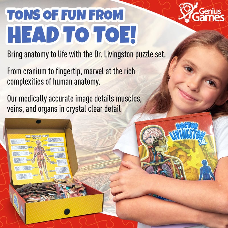 Genius Games Human Anatomy Kids Floor Puzzle - Dr Livingston Jr's 100-Piece Full Body Jigsaw Puzzle - 4 FT Medically Accurate Floor Puzzles for Kids Ages 6-8, 4-8, 8-10 - Educational Toys for Children, Toddlers - Image 3
