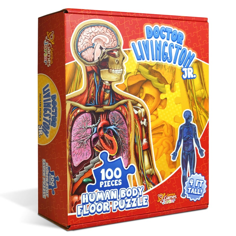 Genius Games Human Anatomy Kids Floor Puzzle - Dr Livingston Jr's 100-Piece Full Body Jigsaw Puzzle - 4 FT Medically Accurate Floor Puzzles for Kids Ages 6-8, 4-8, 8-10 - Educational Toys for Children, Toddlers - Image 1