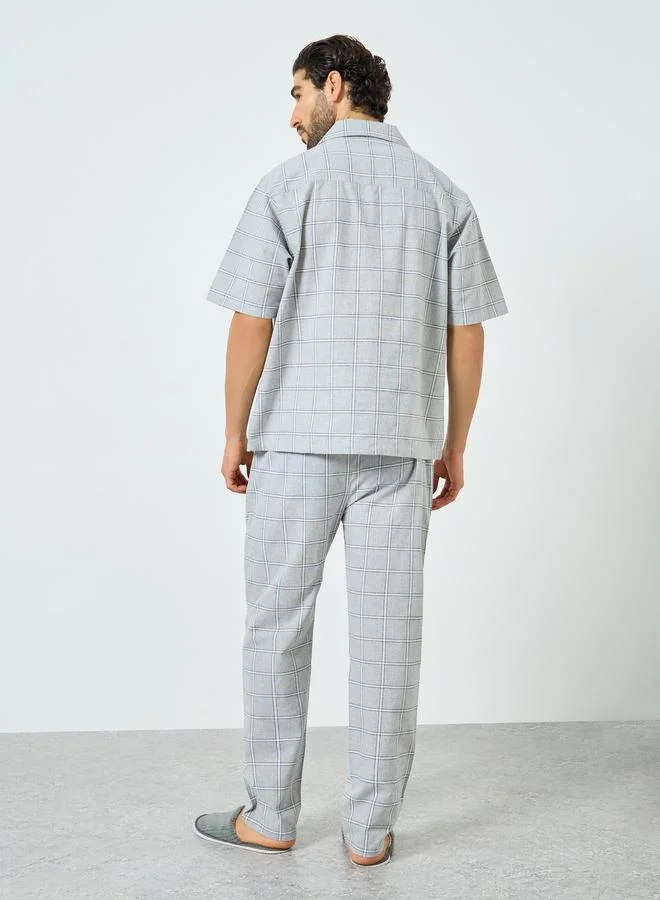 Styli  Grey Relaxed Checked Cotton Shirt and Pyjama Set for Men | Best Price UAE