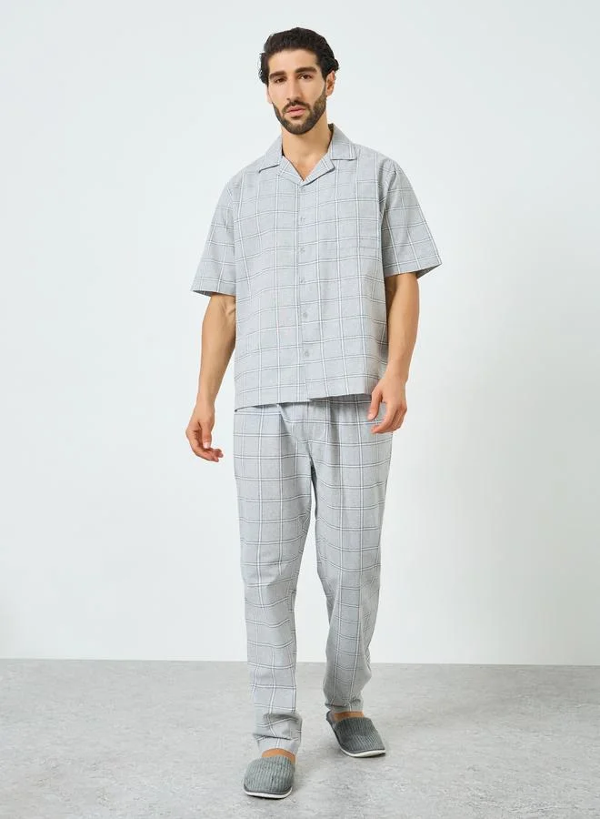 Grey Relaxed Checked Cotton Shirt and Pyjama Set